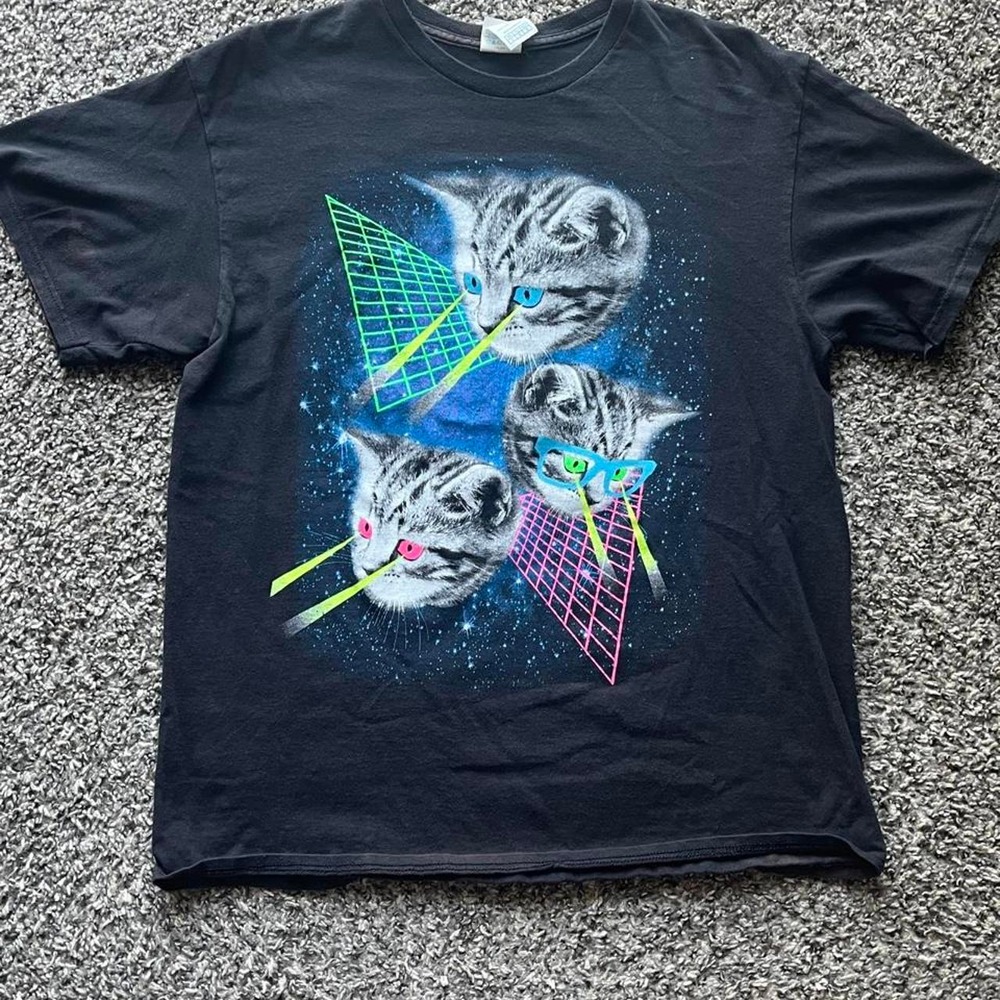 Delta Pro Weight Laser Cat Space Graphic Tee Black Retro Neon Women Large